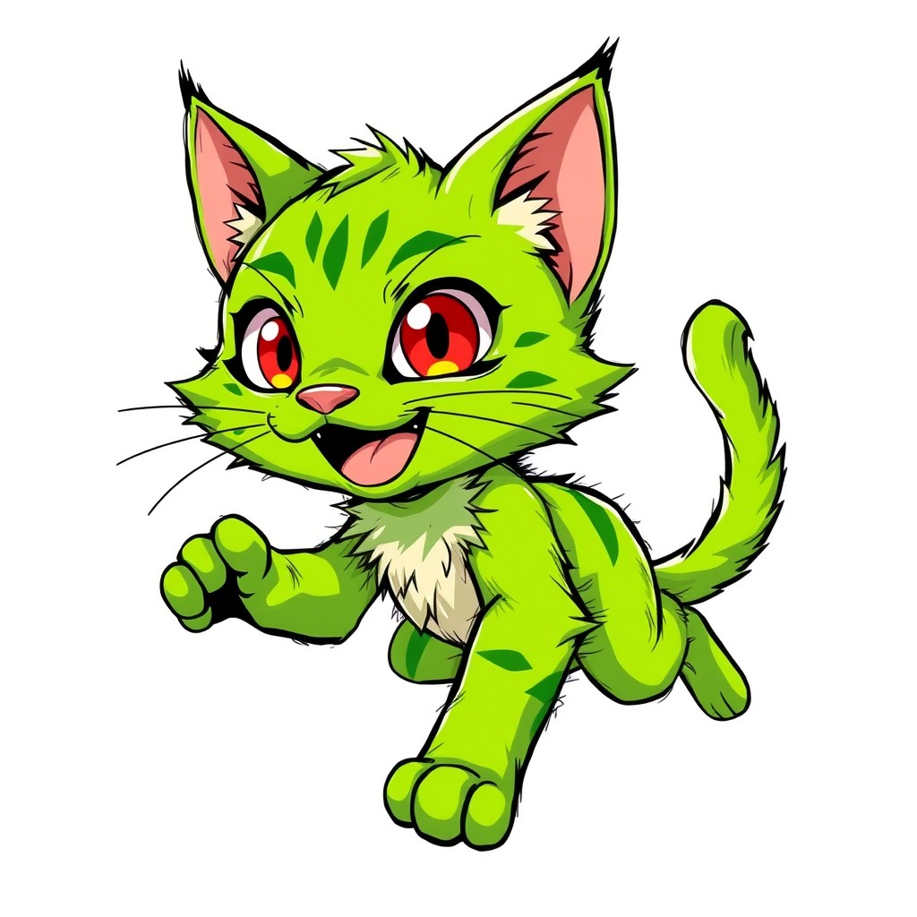 A vibrant, shonen anime style green cat with exaggerated features, including large expressive eyes and dynamic fur