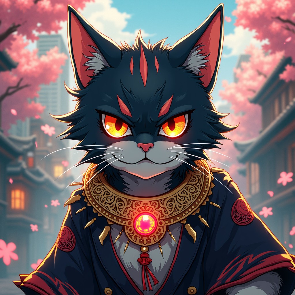 A fierce and powerful cat character in the Jujutsu Kaisen manga style, featuring sleek fur with unique markings, glowing eyes that convey intensity, and an aura of confidence