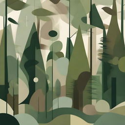 An abstract representation of a dense forest, using a palette of lush green and earthy tones. Focus on geometric shapes to portray the intricate layout and diversity of trees and vegetation.