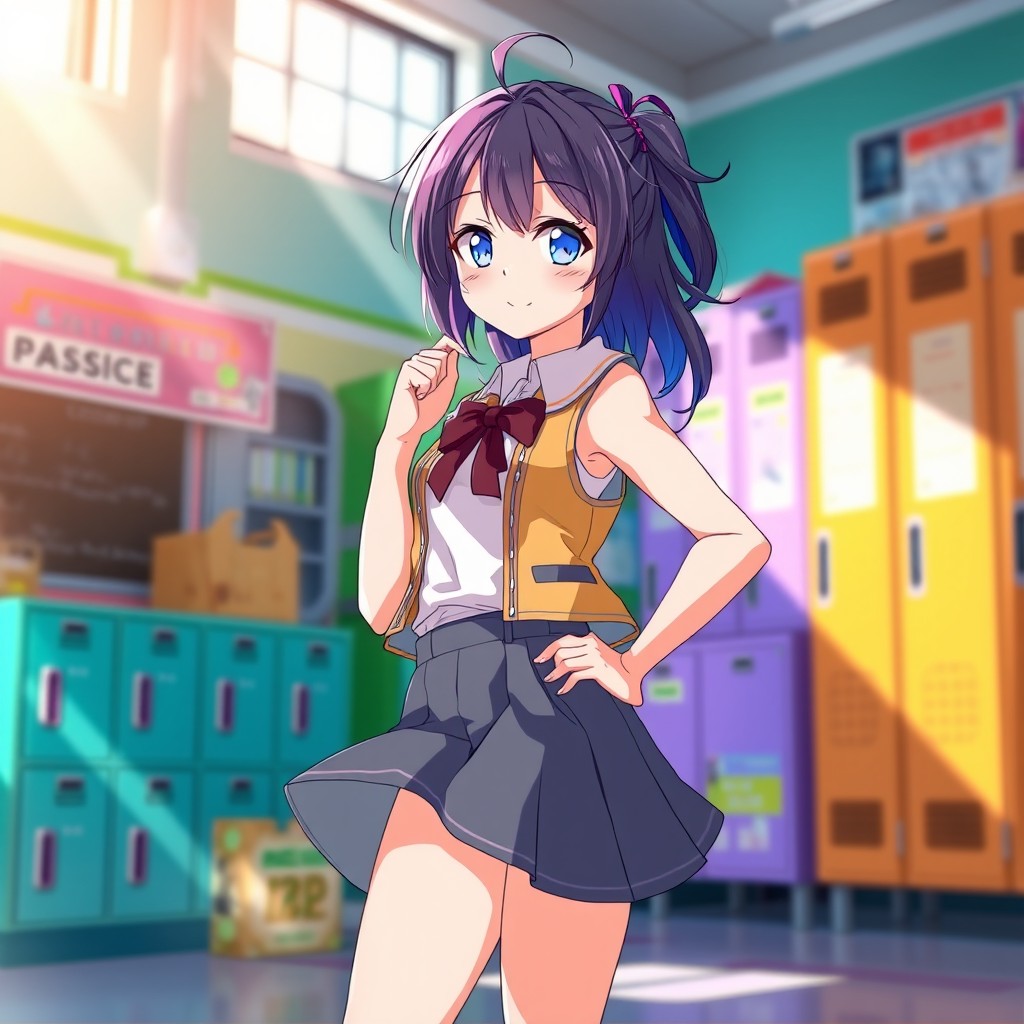 An anime girl with striking features and vibrant hair, wearing an extremely short skirt and a stylish vest, standing in a lively school setting