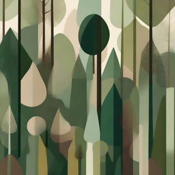 An abstract representation of a dense forest, using a palette of lush green and earthy tones. Focus on geometric shapes to portray the intricate layout and diversity of trees and vegetation.