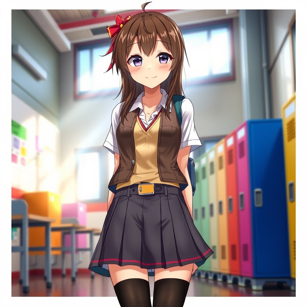 A realistic anime girl with intricate features and detailed hair, wearing an extremely short skirt paired with a fashionable vest, standing inside a lively school environment