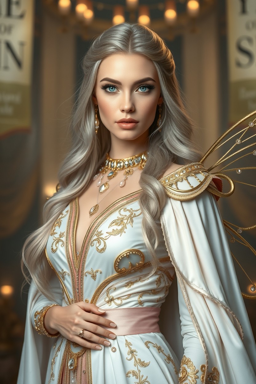 An ultra-realistic full-body cinematic portrait of an elegant and alluring woman with porcelain skin and long flowing silver hair