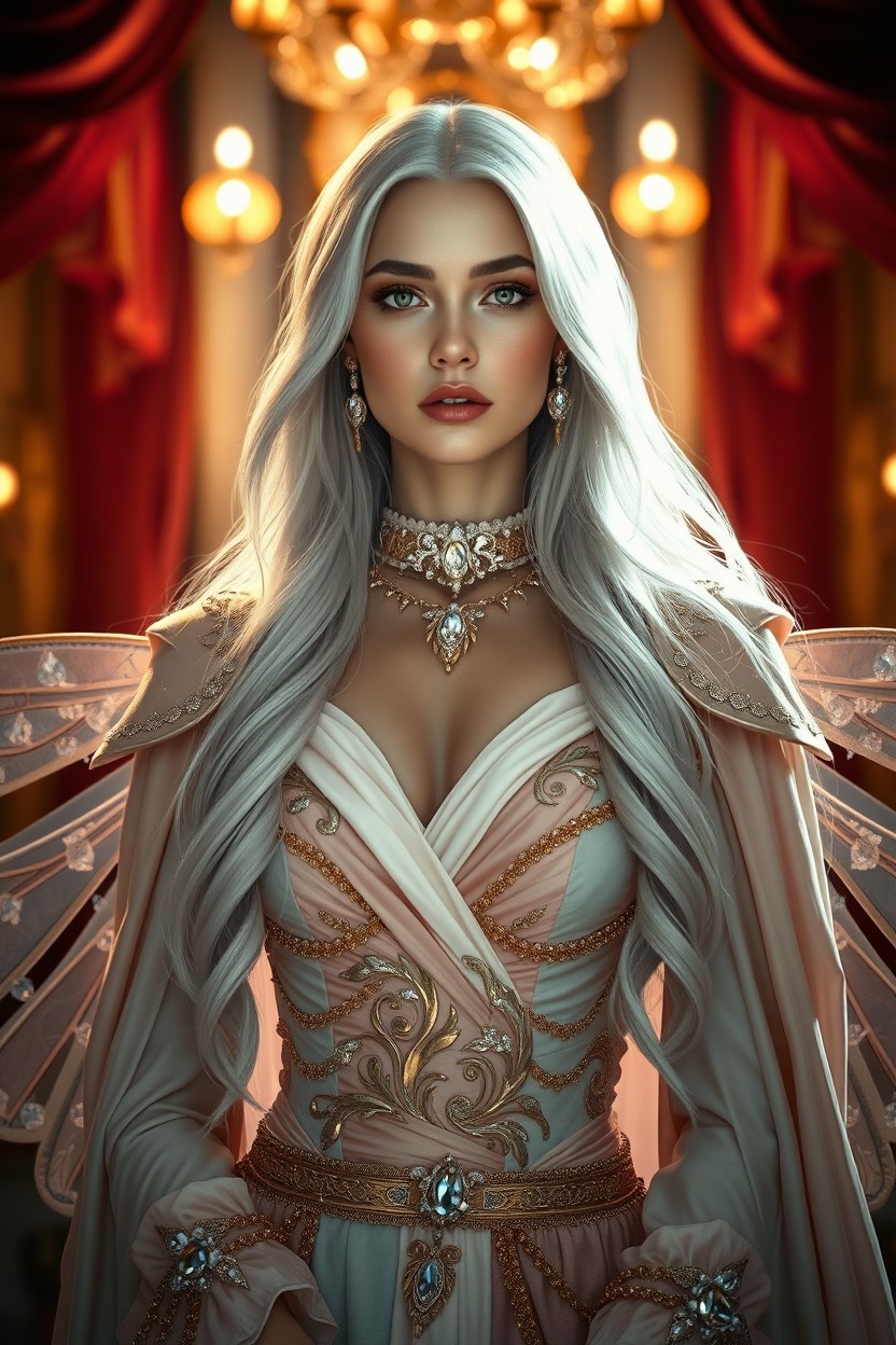 An ultra-realistic full-body cinematic portrait of an elegant and alluring woman with porcelain skin and long flowing silver hair