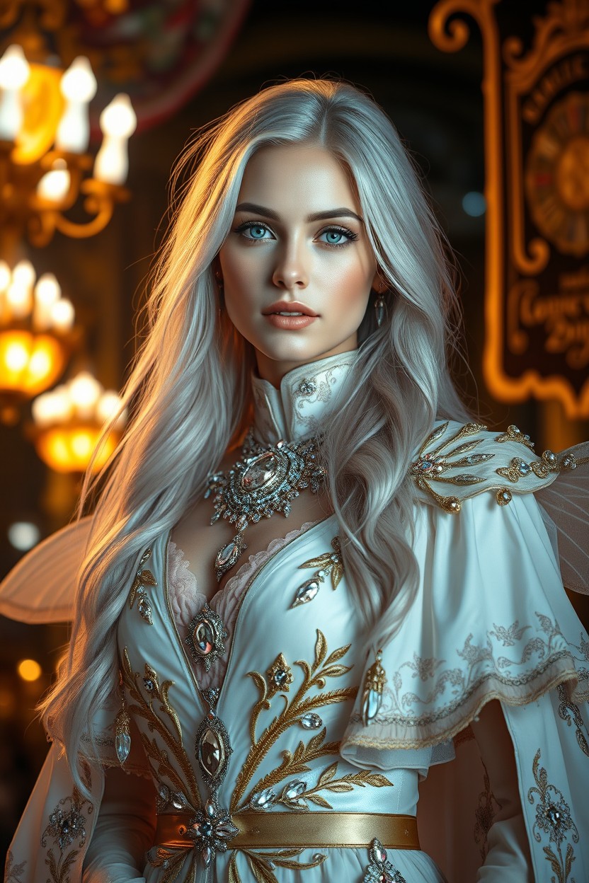 An ultra-realistic full-body cinematic portrait of an elegant and alluring woman with porcelain skin and long flowing silver hair that cascades around her shoulders