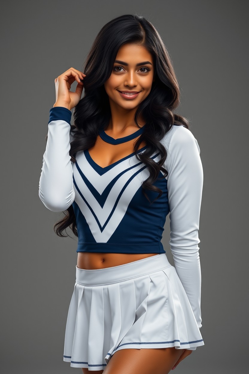 Ultra-realistic full-body cinematic portrait of a beautiful Brazilian woman in her early 20s, featuring warm tan skin, expressive dark brown eyes, and long wavy black hair
