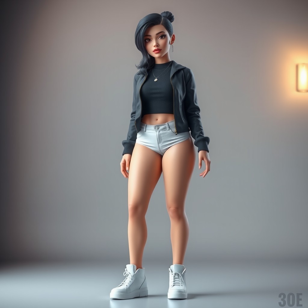 A 3D character of a 20-year-old femmeboy, showcasing thick thighs and big lips