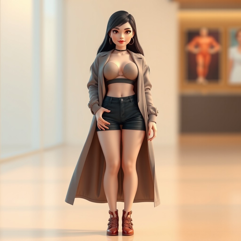 A 3D character of a 20-year-old female with thick thighs and big lips, depicted with a flat chest