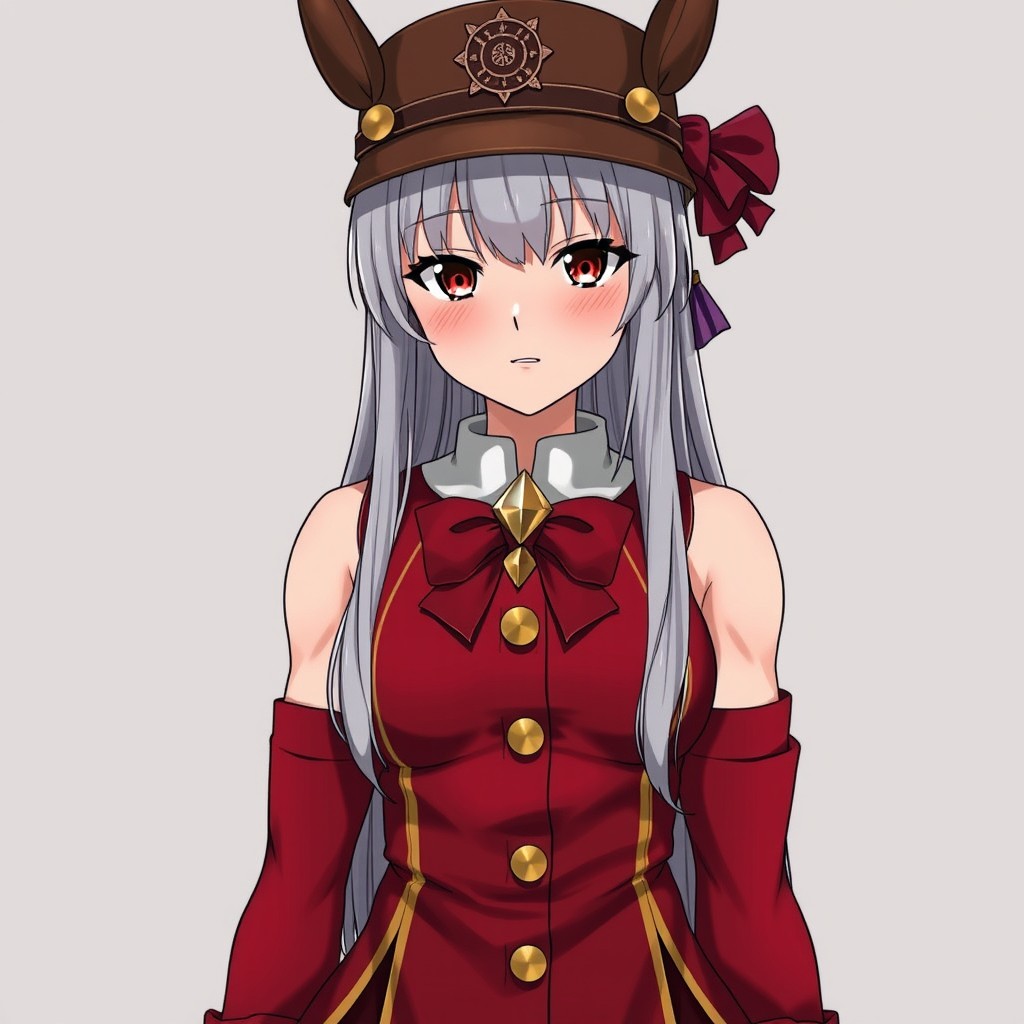 An adult anime woman characterized by her long, straight silver-gray hair with straight bangs that elegantly cover her forehead