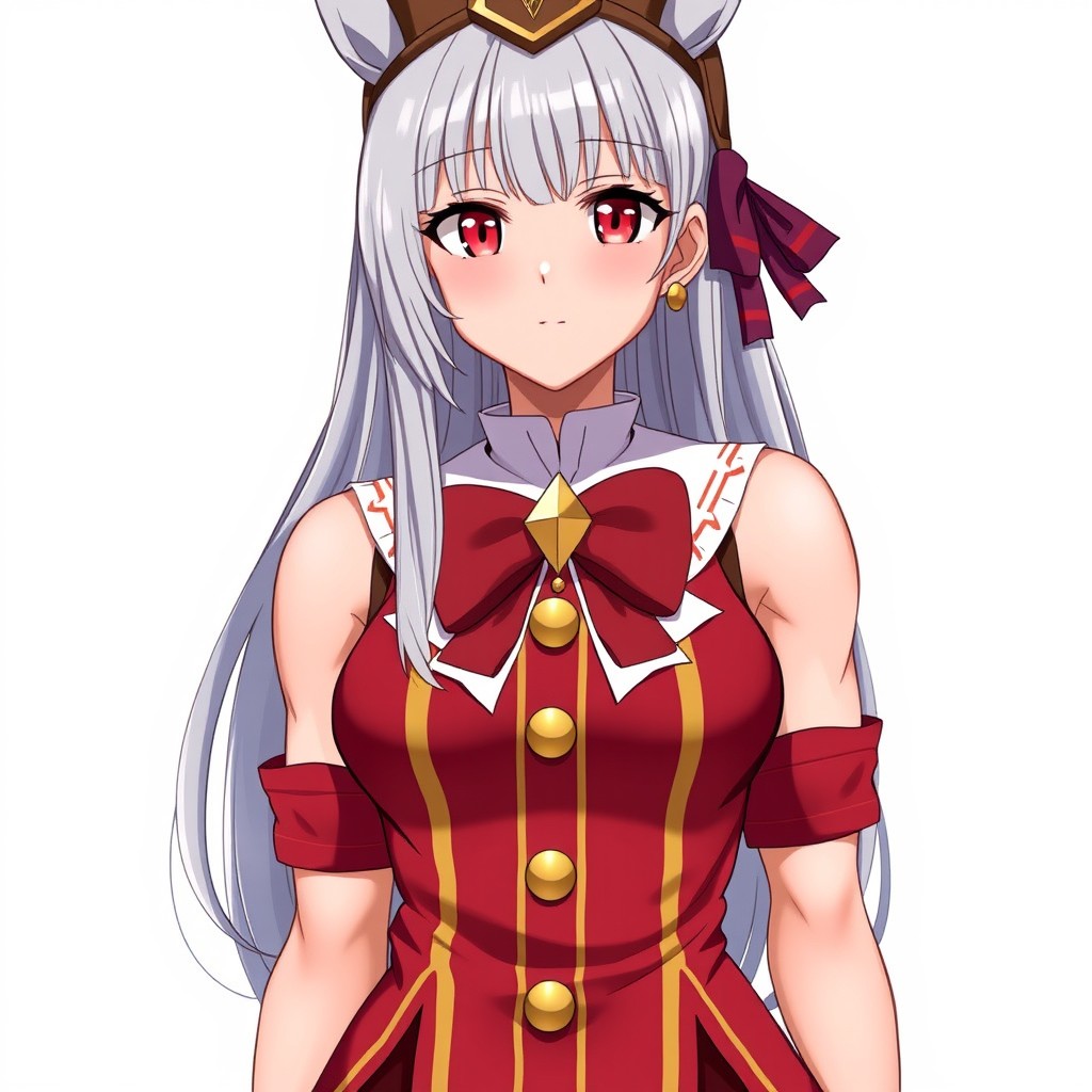 An adult anime woman with long, straight silver-gray hair and straight bangs that elegantly cover her forehead