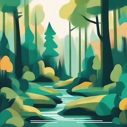 An abstract illustration depicting a dense forest with a streaming river. Emphasize geometric forms in lush hues to represent the lively trees and the fluidity of the stream dancing between them.