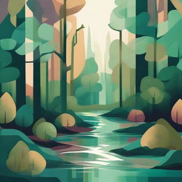 An abstract illustration depicting a dense forest with a streaming river. Emphasize geometric forms in lush hues to represent the lively trees and the fluidity of the stream dancing between them.