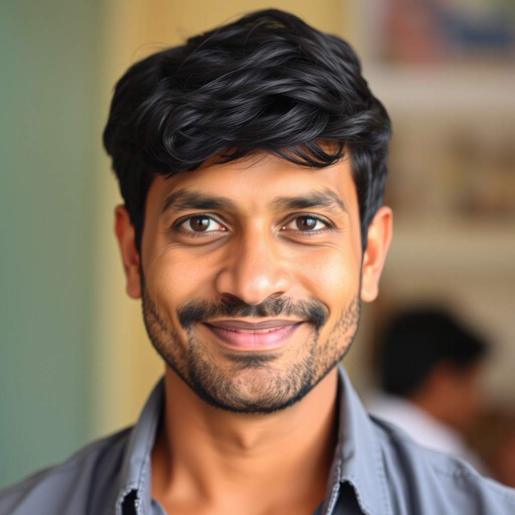 A portrait of a 38-year-old Indian man with a small beard and no moustache, featuring black hair and a fair complexion