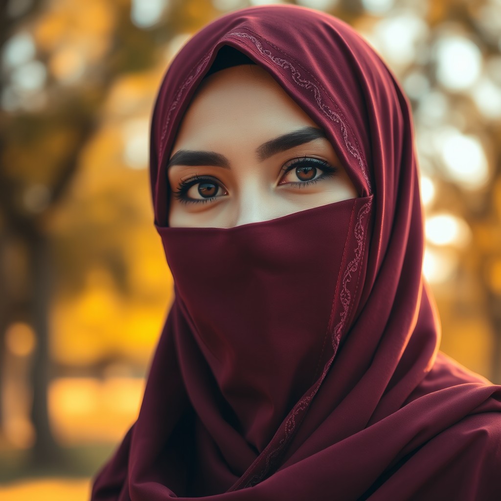 A close-up of a beautifully detailed, elegant niqab worn by a Muslim woman