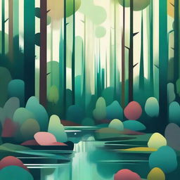 An abstract illustration depicting a dense forest with a streaming river. Emphasize geometric forms in lush hues to represent the lively trees and the fluidity of the stream dancing between them.