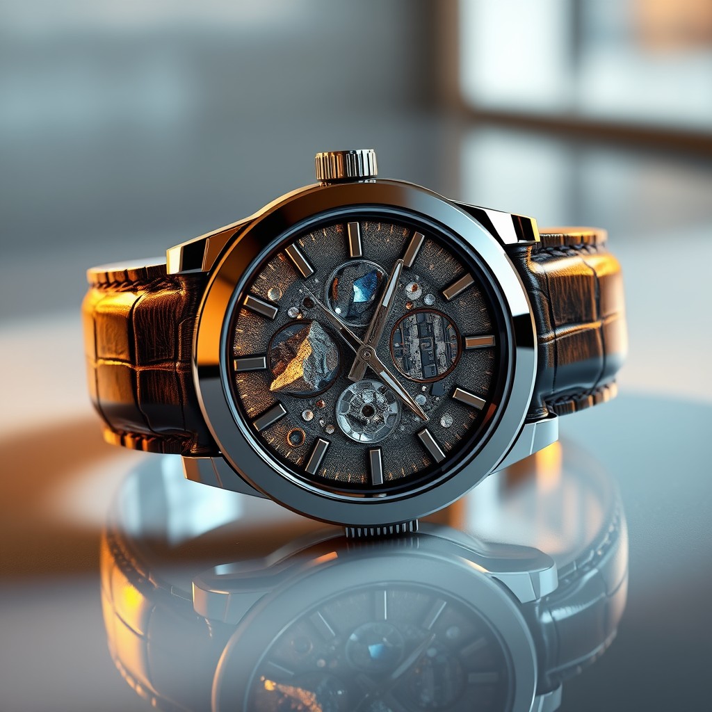 A luxurious and intricate 3D rendering of a watch featuring rare materials, including meteorite and other exotic minerals embedded in the watch face