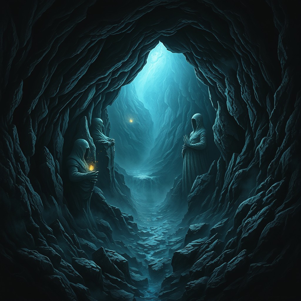 A captivating piece of abyss art that portrays a deep, dark chasm filled with swirling shadows and ethereal light