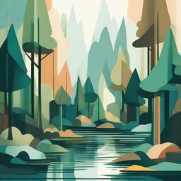 An abstract illustration depicting a dense forest with a streaming river. Emphasize geometric forms in lush hues to represent the lively trees and the fluidity of the stream dancing between them.