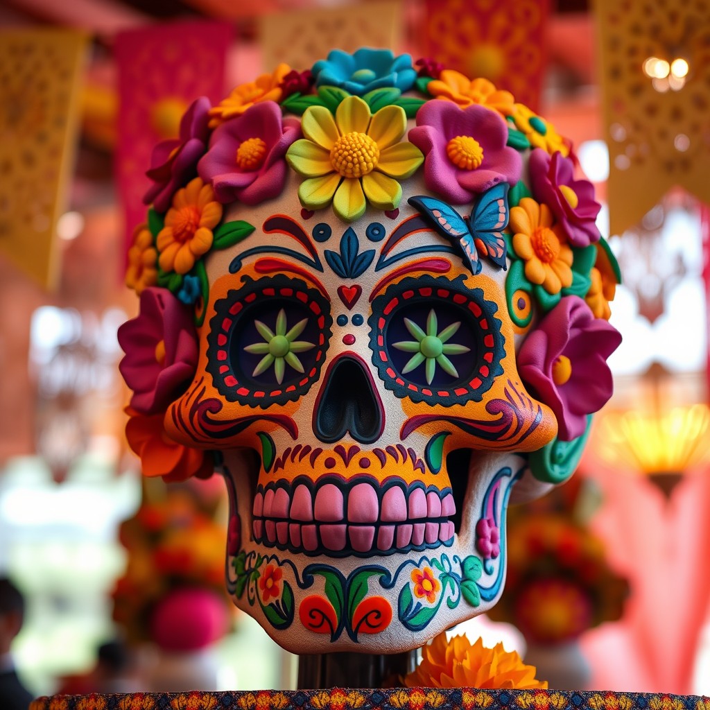 A vibrant and colorful Calavera (sugar skull) symbolizing the Day of the Dead celebration, intricately designed with floral patterns, bright colors, and decorative elements