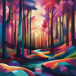 An abstract interpretation of a lush forest with a stream flowing through, under the mesmerizing hues of sunset. Emphasize geometric patterns in rich colors to represent the trees, stream, and twilight.