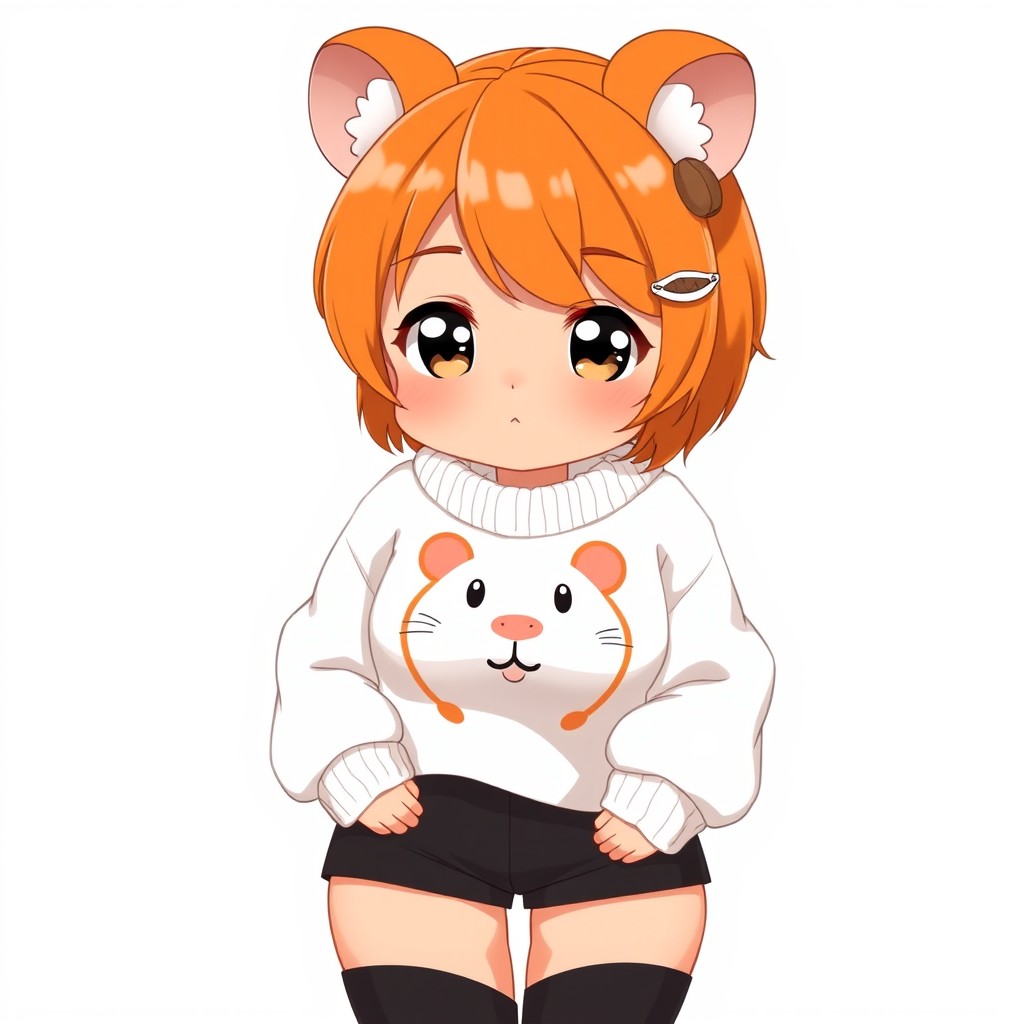 An adult anime anthropomorphic hamster woman featuring vibrant orange short hair styled with side bangs that gracefully reach her chin and bangs that frame her forehead