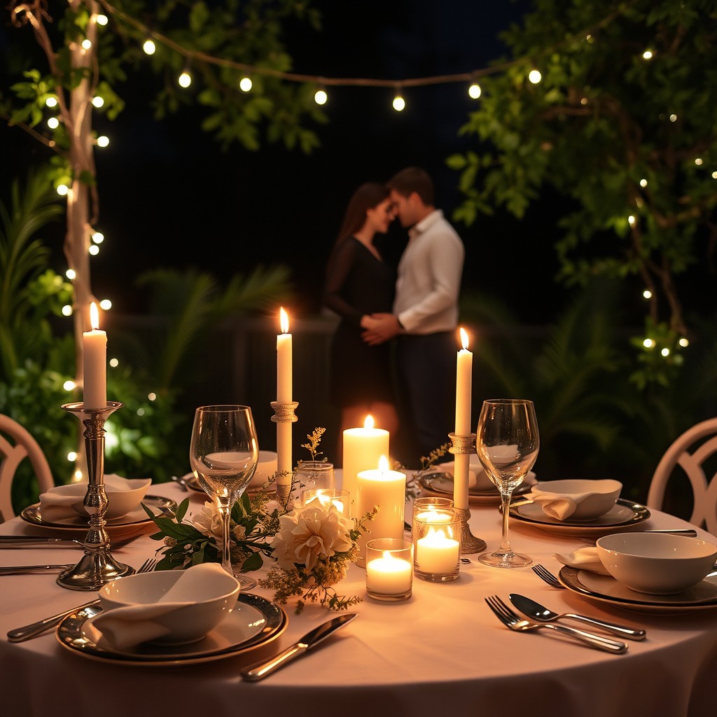 a romantic setting featuring a candlelit dinner on a beautifully set table with fine china, glimmering silverware, and elegant glassware