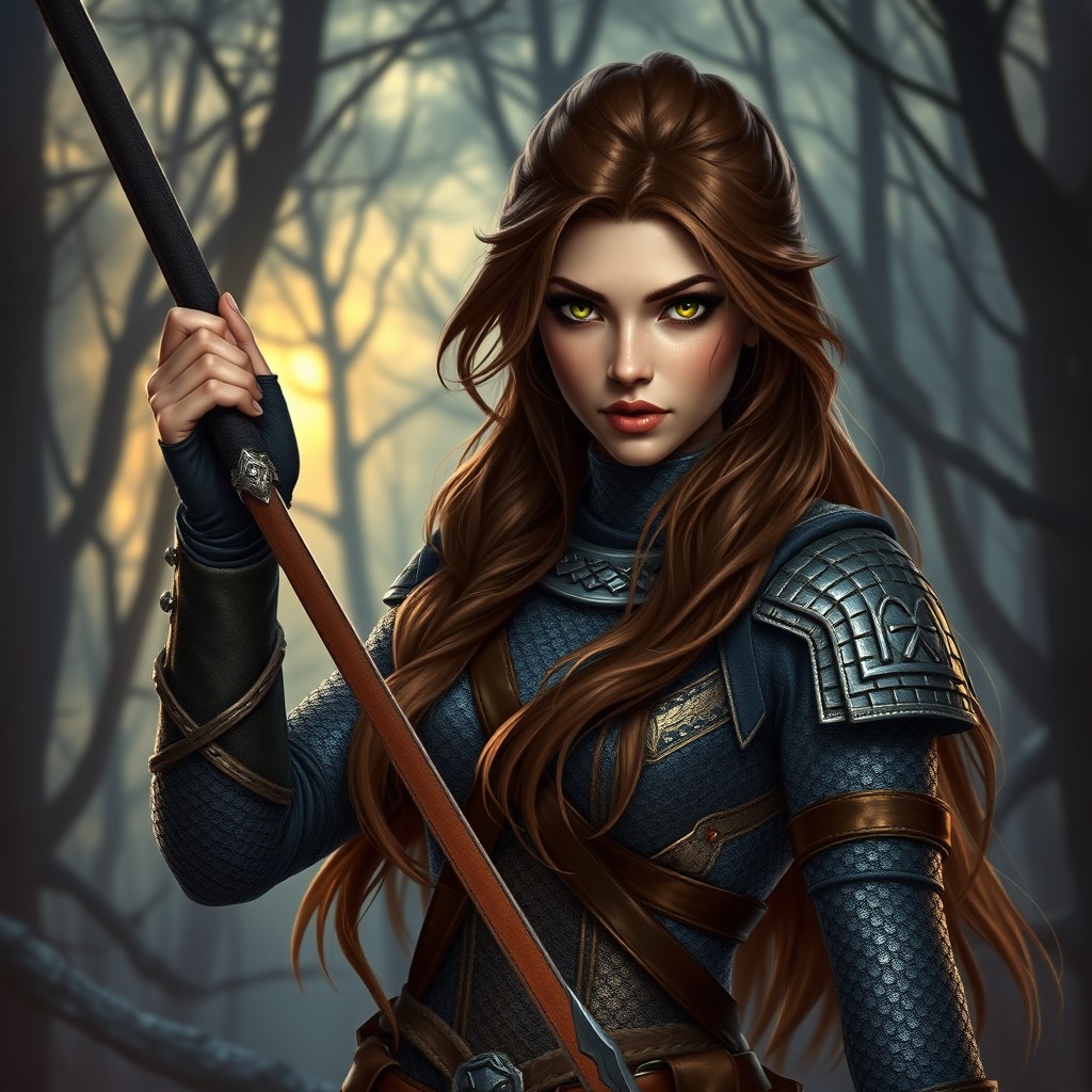 A stunning female Pathfinder shadow dancer rogue with long brown hair, elegantly styled