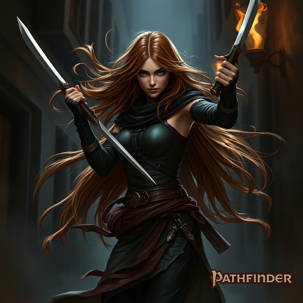 A female Pathfinder shadow dancer rogue character, depicted with long brown hair that flows elegantly around her