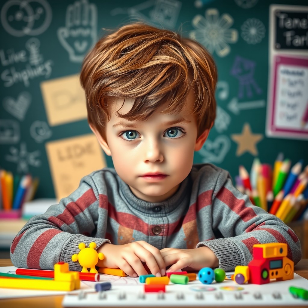 A portrait of a young boy with brown hair and striking green eyes, sitting at a desk surrounded by colorful school supplies