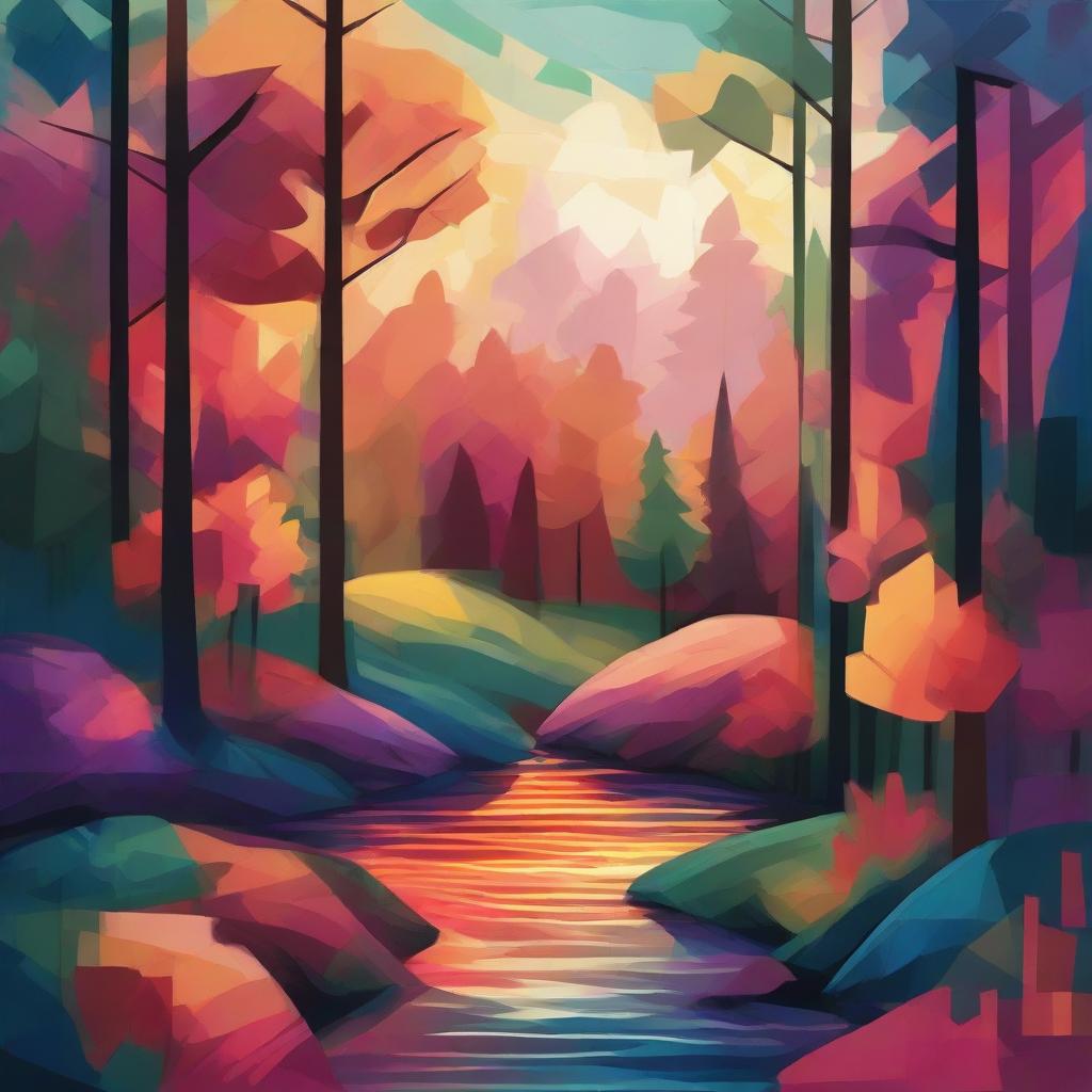 An abstract interpretation of a lush forest with a stream flowing through, under the mesmerizing hues of sunset. Emphasize geometric patterns in rich colors to represent the trees, stream, and twilight.