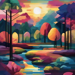 An abstract interpretation of a lush forest with a stream flowing through, under the mesmerizing hues of sunset. Emphasize geometric patterns in rich colors to represent the trees, stream, and twilight.