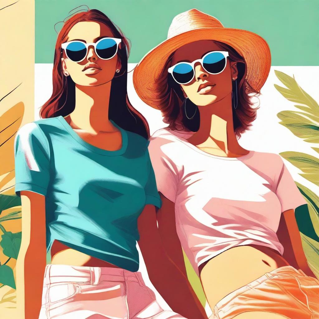 A high-quality digital art piece featuring two young women basking in the summer sun