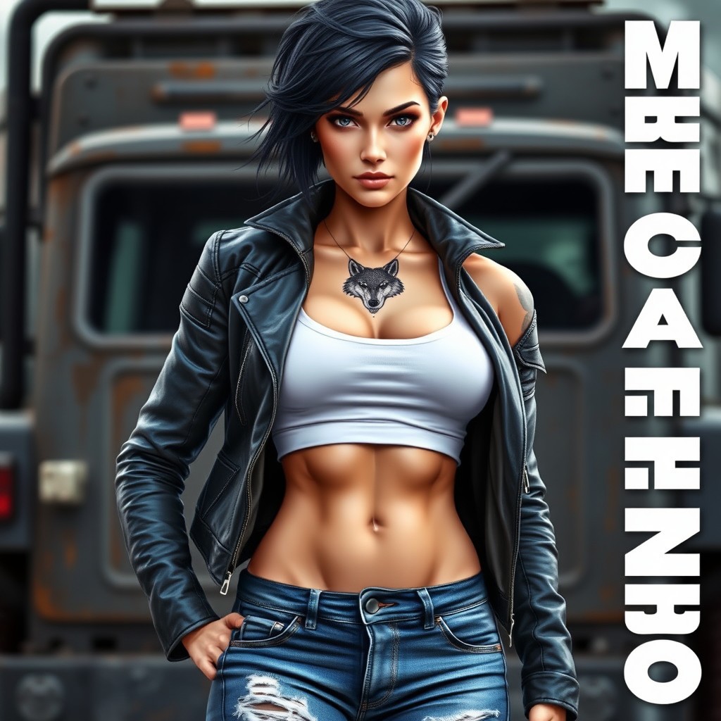 A well-built, edgy-looking female character with a prominent wolf tattoo on her neck
