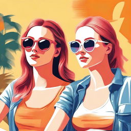 A high-quality digital art piece featuring two young women basking in the summer sun