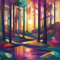 An abstract interpretation of a lush forest with a stream flowing through, under the mesmerizing hues of sunset. Emphasize geometric patterns in rich colors to represent the trees, stream, and twilight.