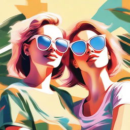 A high-quality digital art piece featuring two young women basking in the summer sun