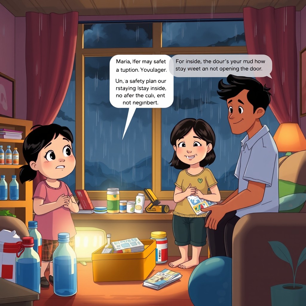 An animated scene depicting a family preparing for a typhoon