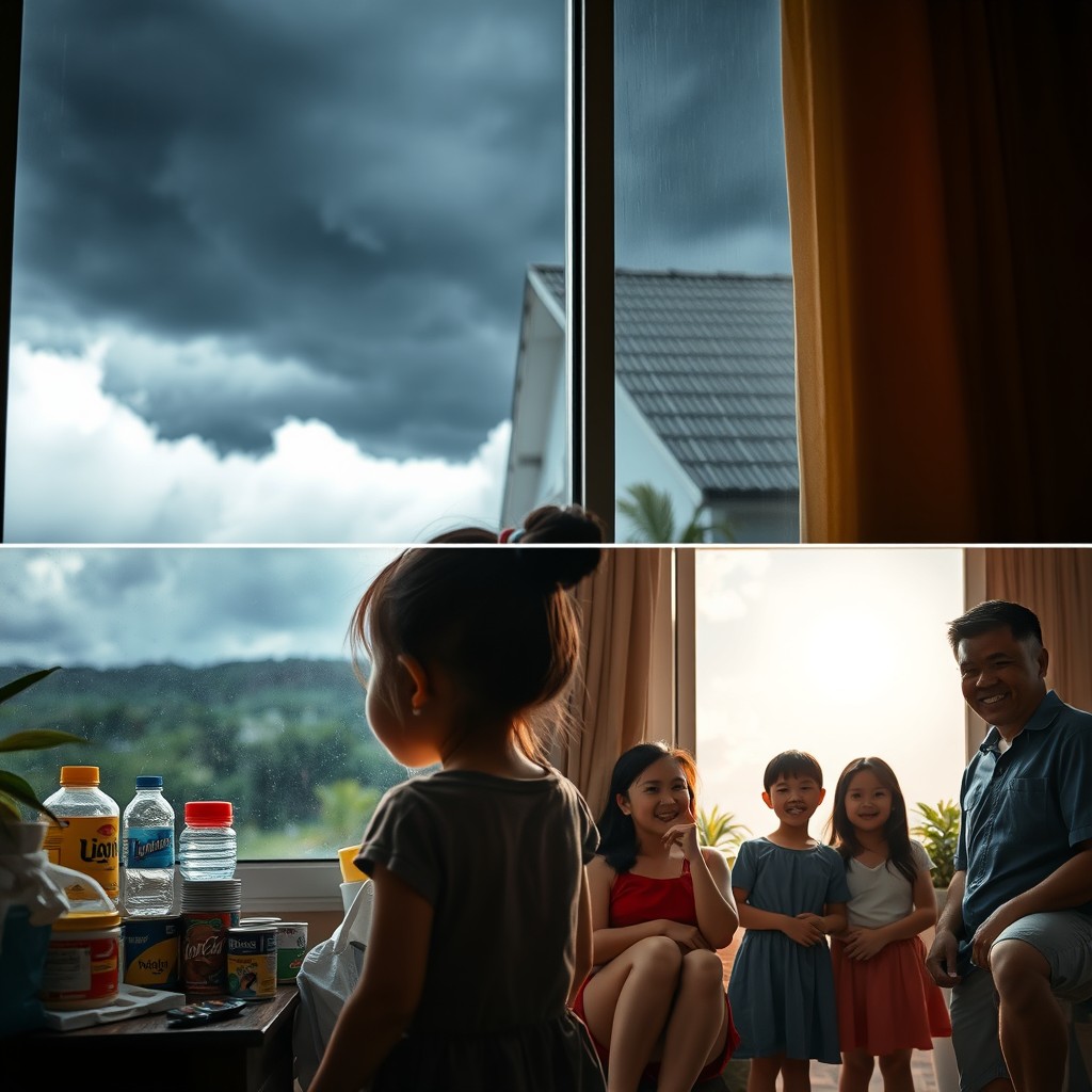 A heartwarming family scene captured at the moment before a typhoon hits