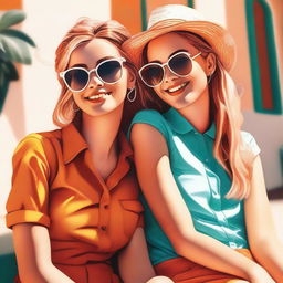 A high-quality digital art piece featuring two young women basking in the summer sun