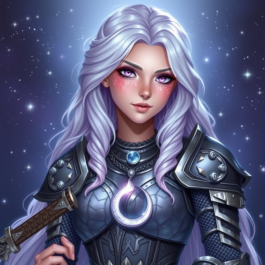 A beautiful female Aasimar Twilight Domain cleric of the goddess Selune, wearing intricate chainmail armor that glimmers under moonlight