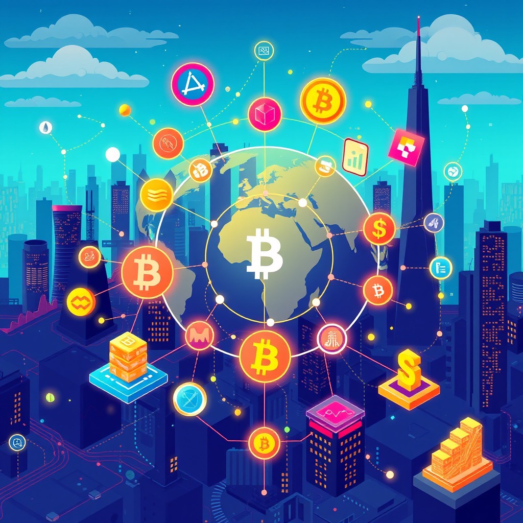 A vibrant illustration representing a modern global digital asset ecosystem
