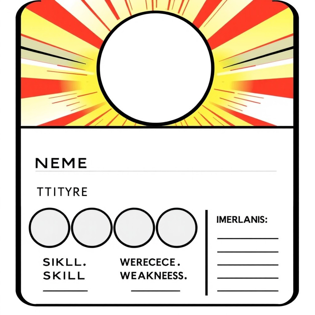 A vertical American comic style trading card design featuring a large empty circular space at the top for a character's image