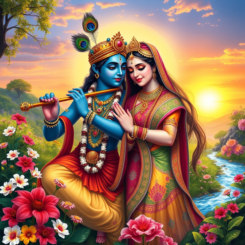 A serene and divine depiction of Krishna and Radha in a lush, vibrant landscape