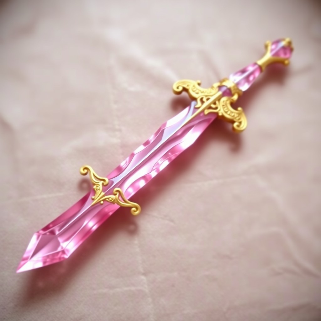 A long-bladed pink crystal dagger with intricate gold accents, reflecting light with a beautiful sheen
