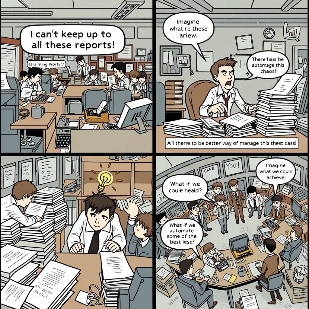 A 4-panel comic strip depicting a bustling old-fashioned office environment before automation