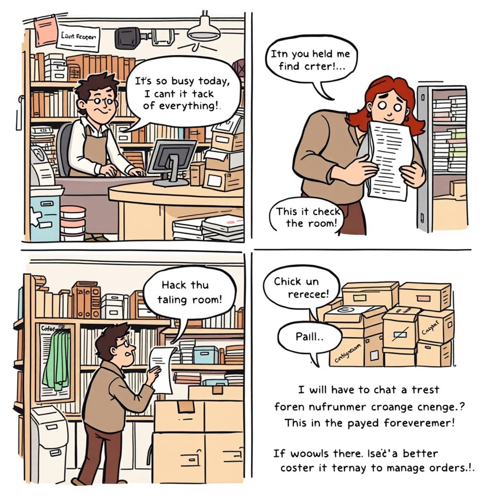 A 4-panel comic strip illustrating a small business environment before automation