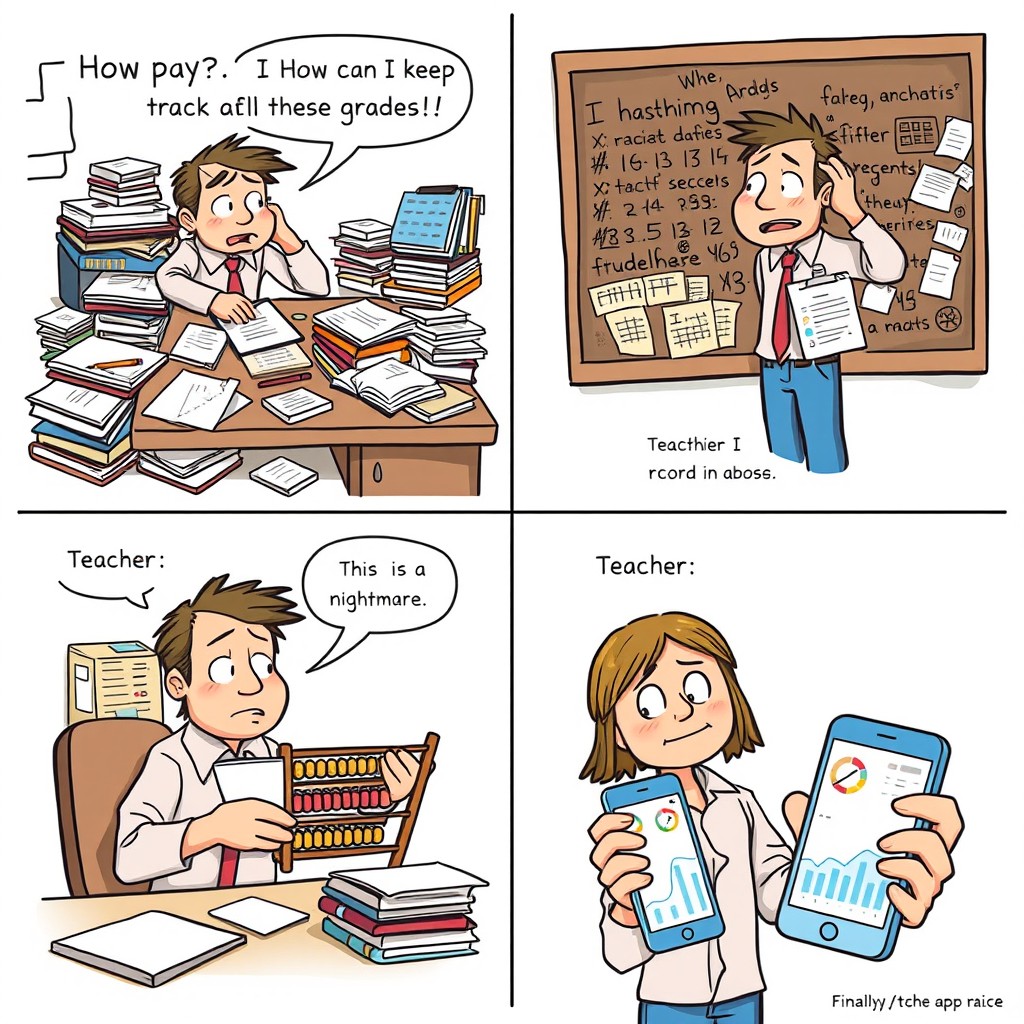 A 4-panel comic strip telling a humorous story about a teacher's struggle to record and track student performance without automation