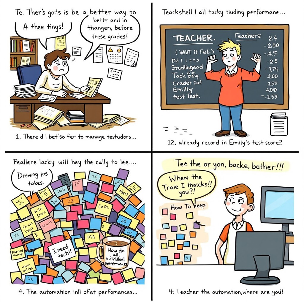 A delightful 4-panel comic strip illustrating the challenges teachers faced in tracking and recording student performance before automation