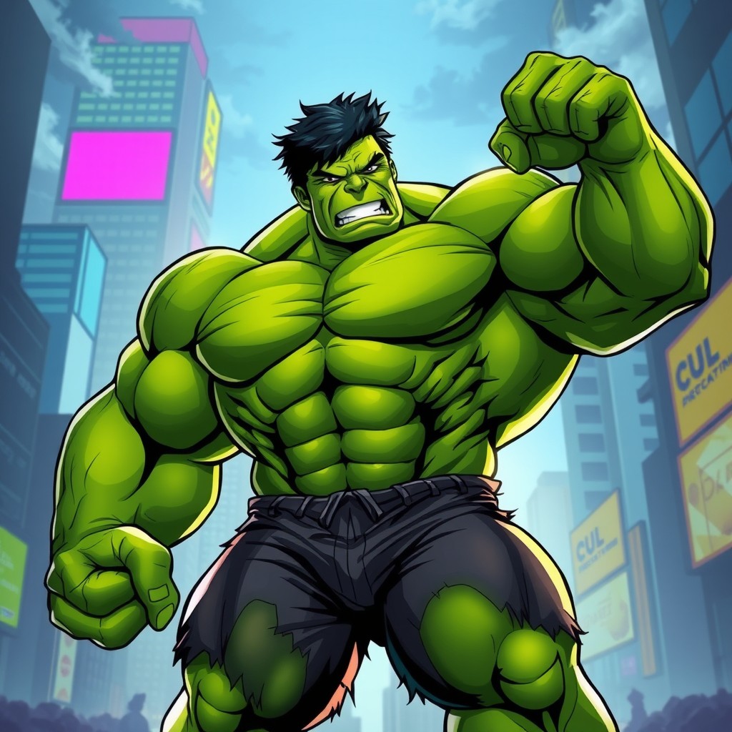 A powerful green Hulk character flexing his huge muscles, showcasing impressive strength and size