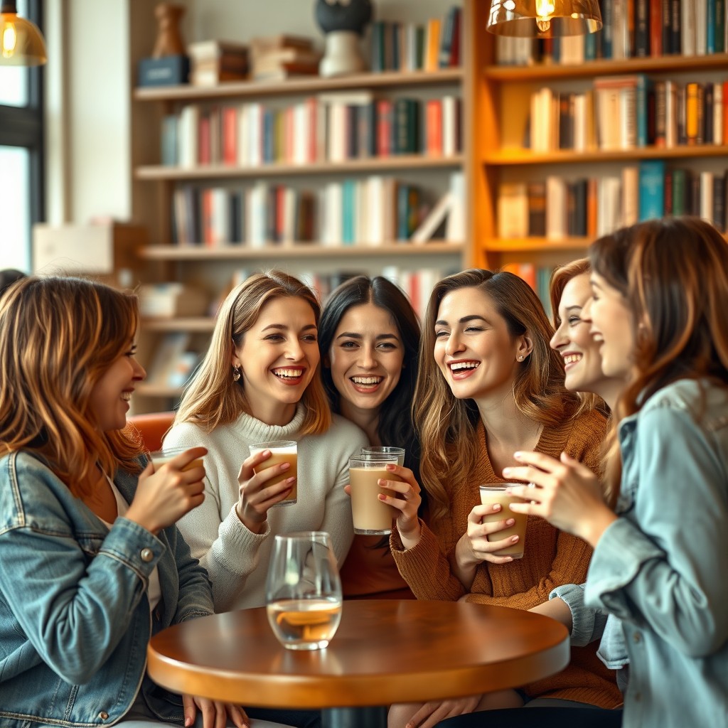 A scene featuring a group of average to slightly below average looking women, all engaged in a friendly conversation at a café